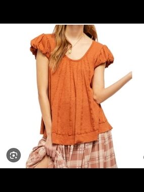 We The Free Rust Orange Puff-Sleeve Scoop Neck Top